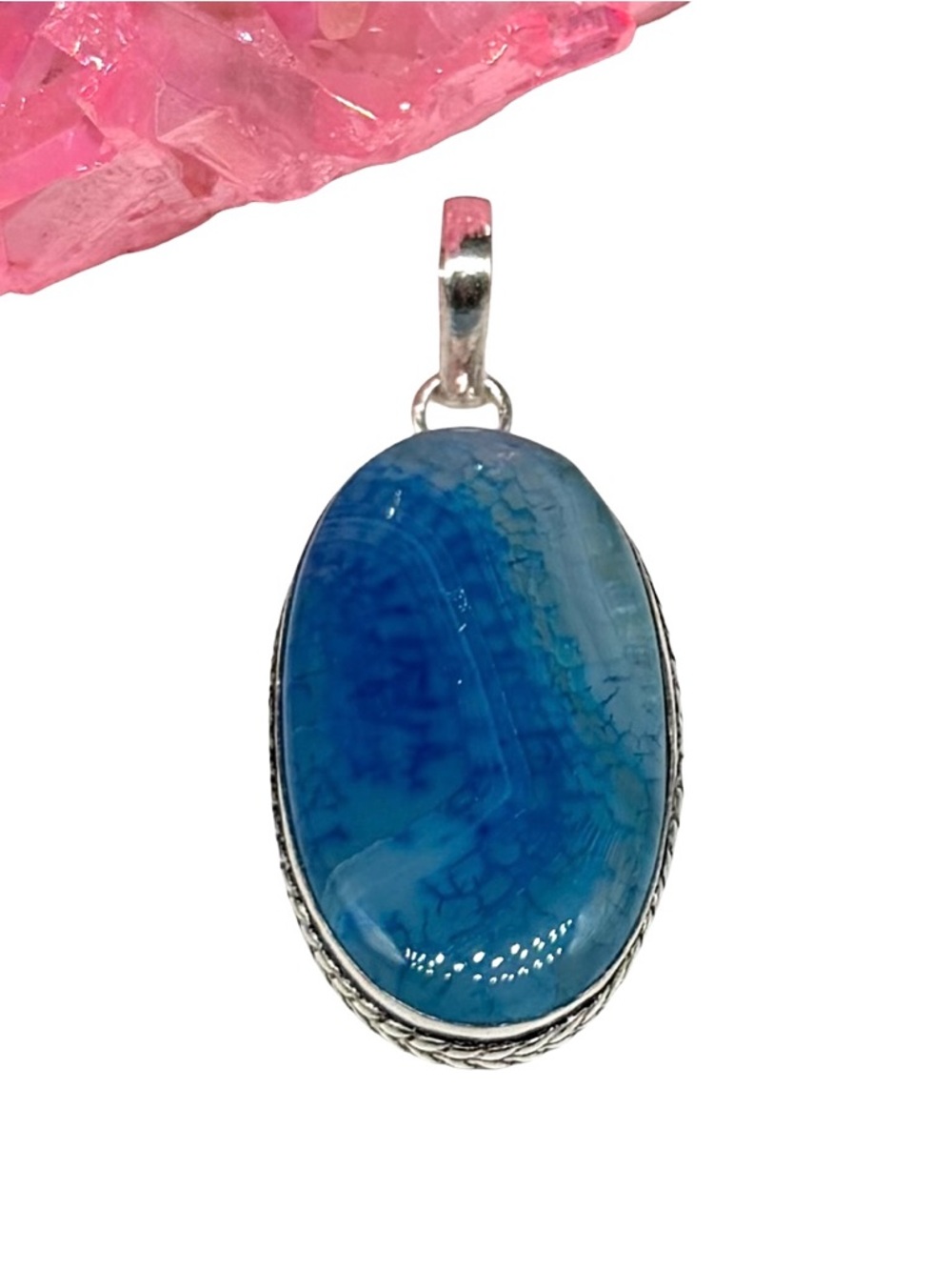 Blue Botswana Agate Necklace Pendant 925 Sterling Silver Overlay Oval Stone